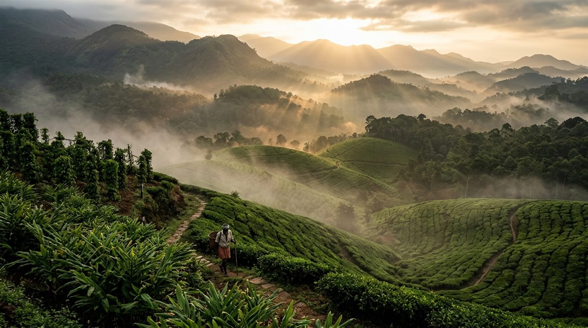 Western Ghats misty spice plantation hills in Idukki, Kerala